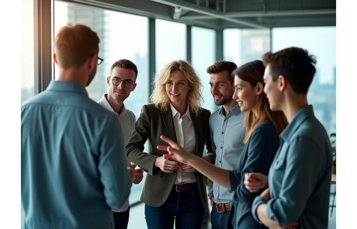Diverse group of professionals collaborating in a modern office environment
